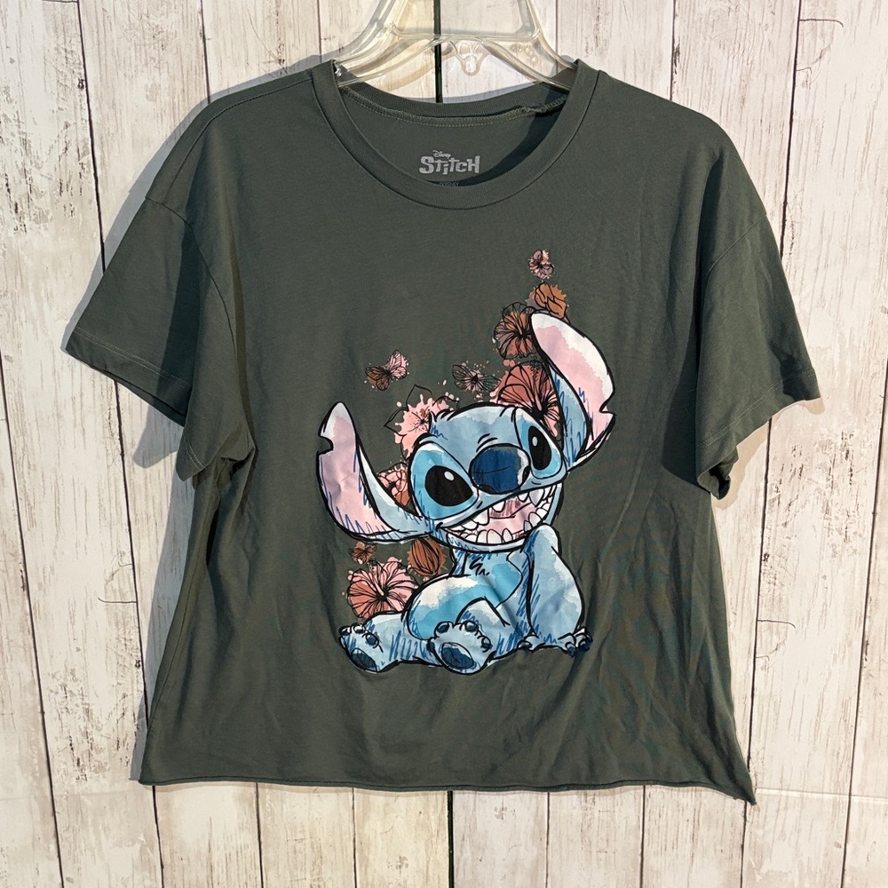 Disney Stitch Graphic Tee - Olive with Blue and Pink